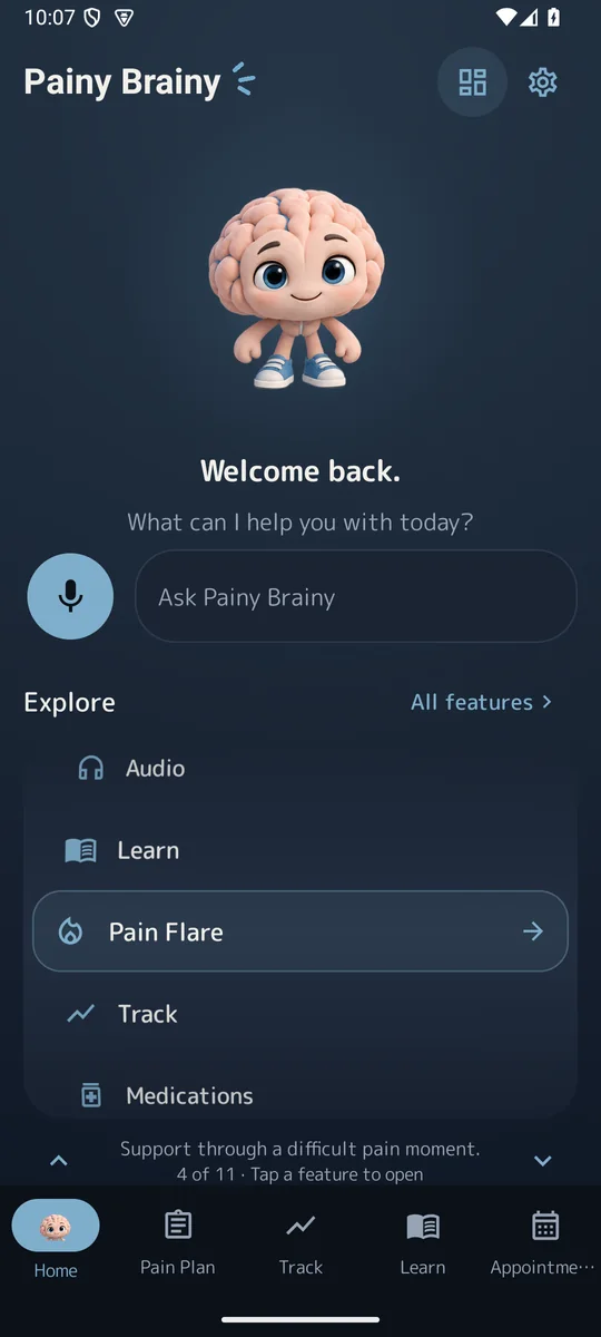 Actual Android PB landing screen with the feature wheel set to Pain Flare.